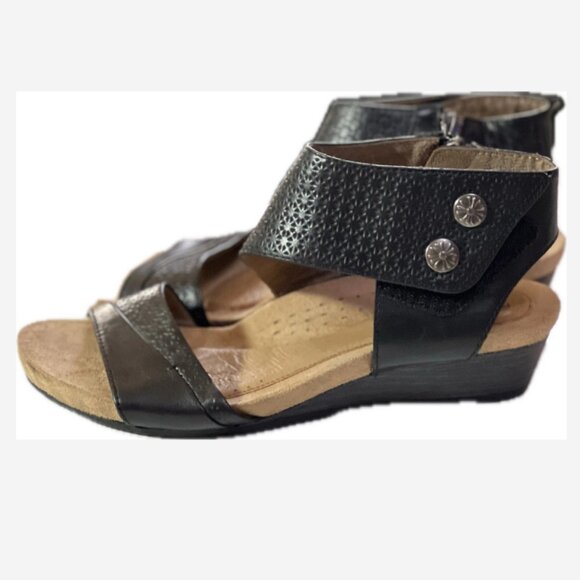 Rockport Cobb Hill Wedge Sandals Women's Size 8 Black Leather Snap/Zip 1¼" Heel - Picture 1 of 5